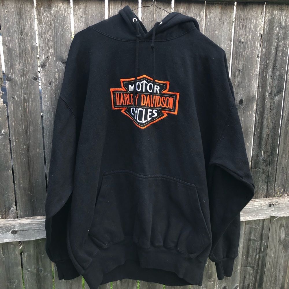 Embroidered Harley-Davidson Black Pullover Hoodie with Orange & White Logo - Picture 2 of 4